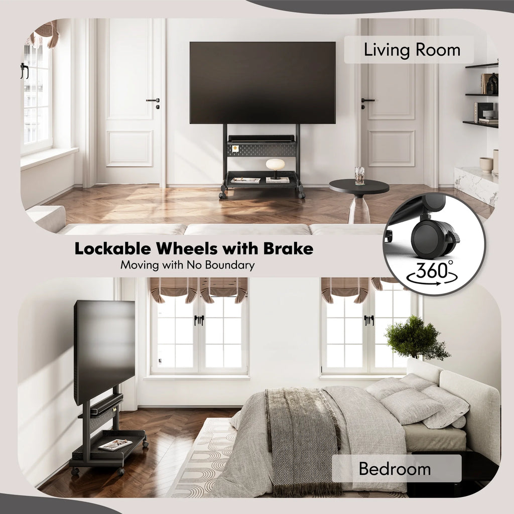 FITUEYES Rolling TV Stand with Wheels for 40-85 inch TVs, Height Adjustable Mobile TV Stand TV cart with Wooden Large Storage,White