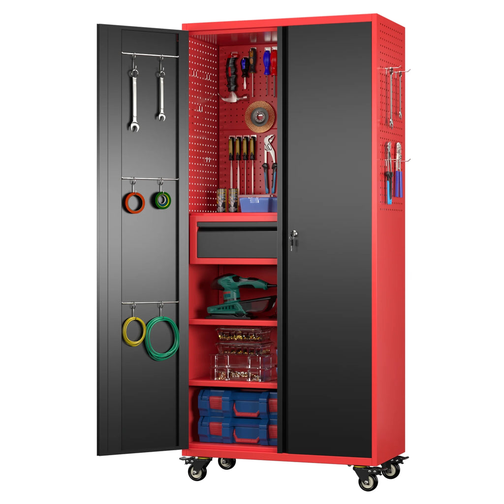 Aobabo Metal Storage Cabinet with Lock,Garage Storage Cabinet with Wheels,72In Steel Storage Cabinet for Garage Home Storage, Black Required-Assembly