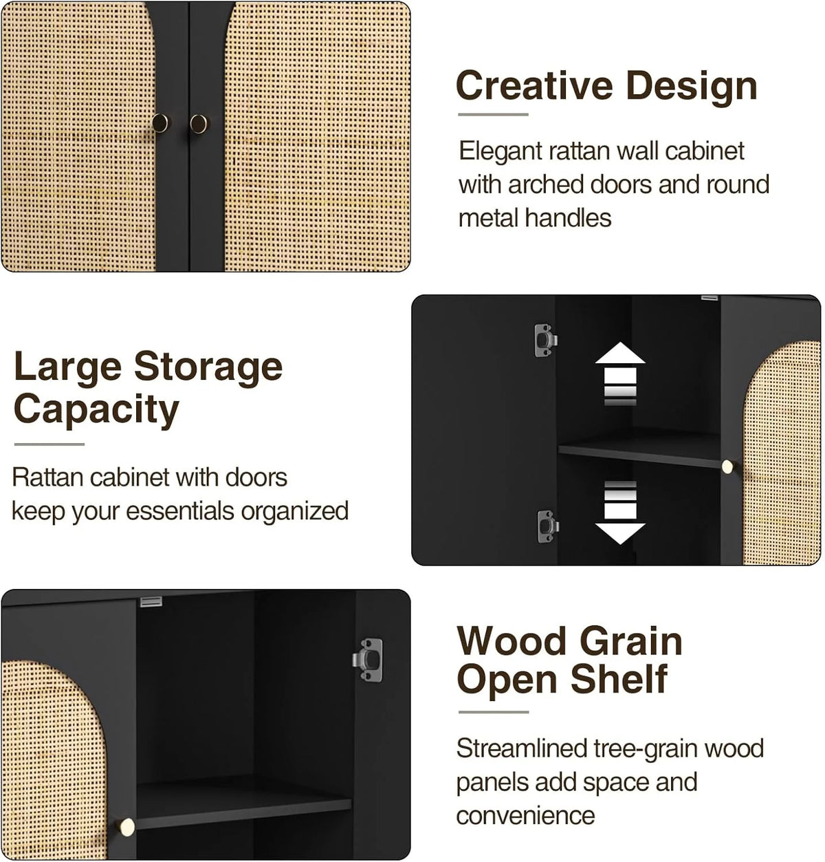 VEANERWOOD Rattan Bathroom Wall Storage Cabinet with Double Doors and Adjustable Shelves, Medicine Wall Storage Cabinet for Kitchen, Toilet, Bathroom