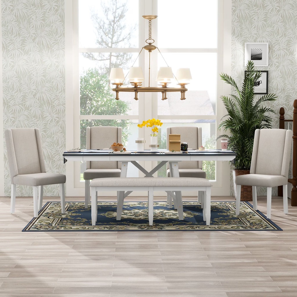6 Piece Extendable Dining Table Set, Atumon Wood Dining Room Set for 6, Dining Table Set with 4 Beige Cushioned Chairs and Bench, Farmhouse Dining Table Set Furniture for Kitchen Dining Room, Natural