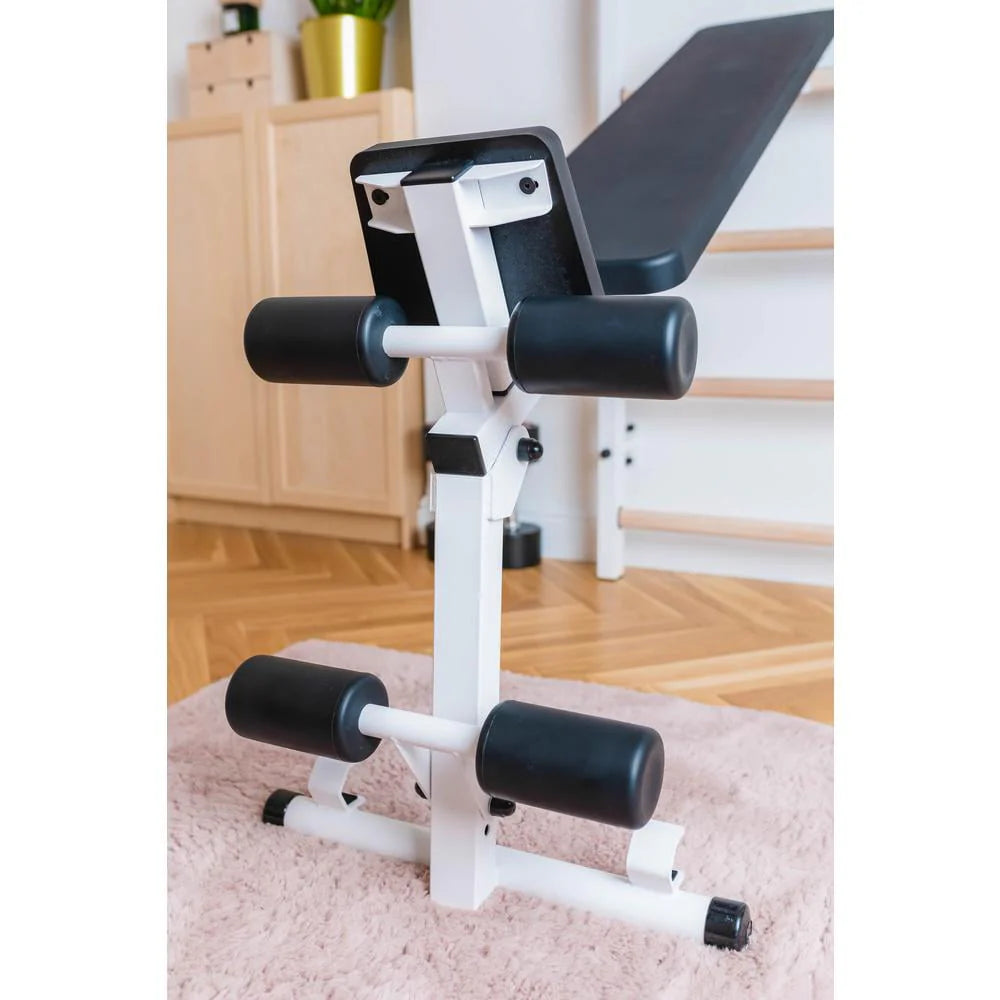 BenchK 733 White Wall bars with convertible steel 6-grip pull-up bar that can also be used as a barbell holder, dip bar with back support and advanced workout bench