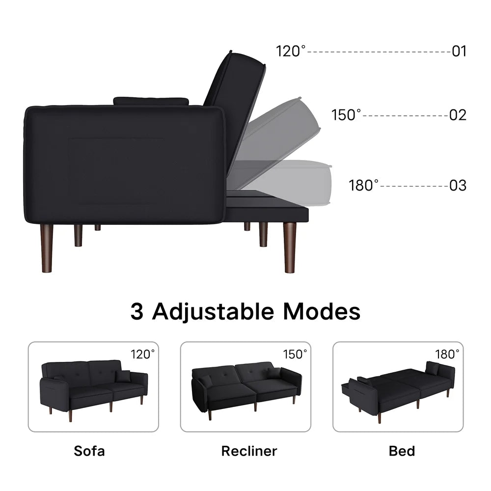 Convertible Futon Sofa Bed, 75�� Fabric Futon Couch with Adjustable Backrest, Folding Futon Sleeper Recliner for Living Room Furniture (White)