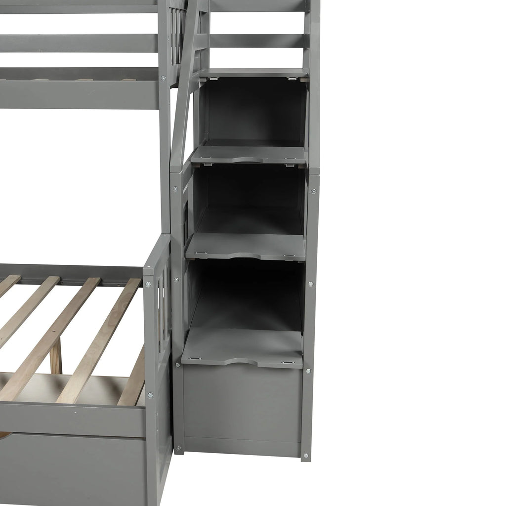 Euroco Wood Twin Over Full Bunk Bed with Drawers and Slide, Gray