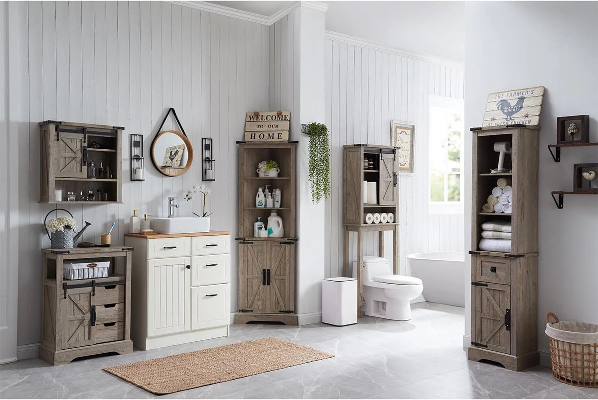 OKD Farmhouse Tall Corner Cabinet with Barn Door & Adjustable Shelves, 68" Rustic Wood Corner Cabinet with Storage Cabinet for Bathroom, Kitchen, Antique White