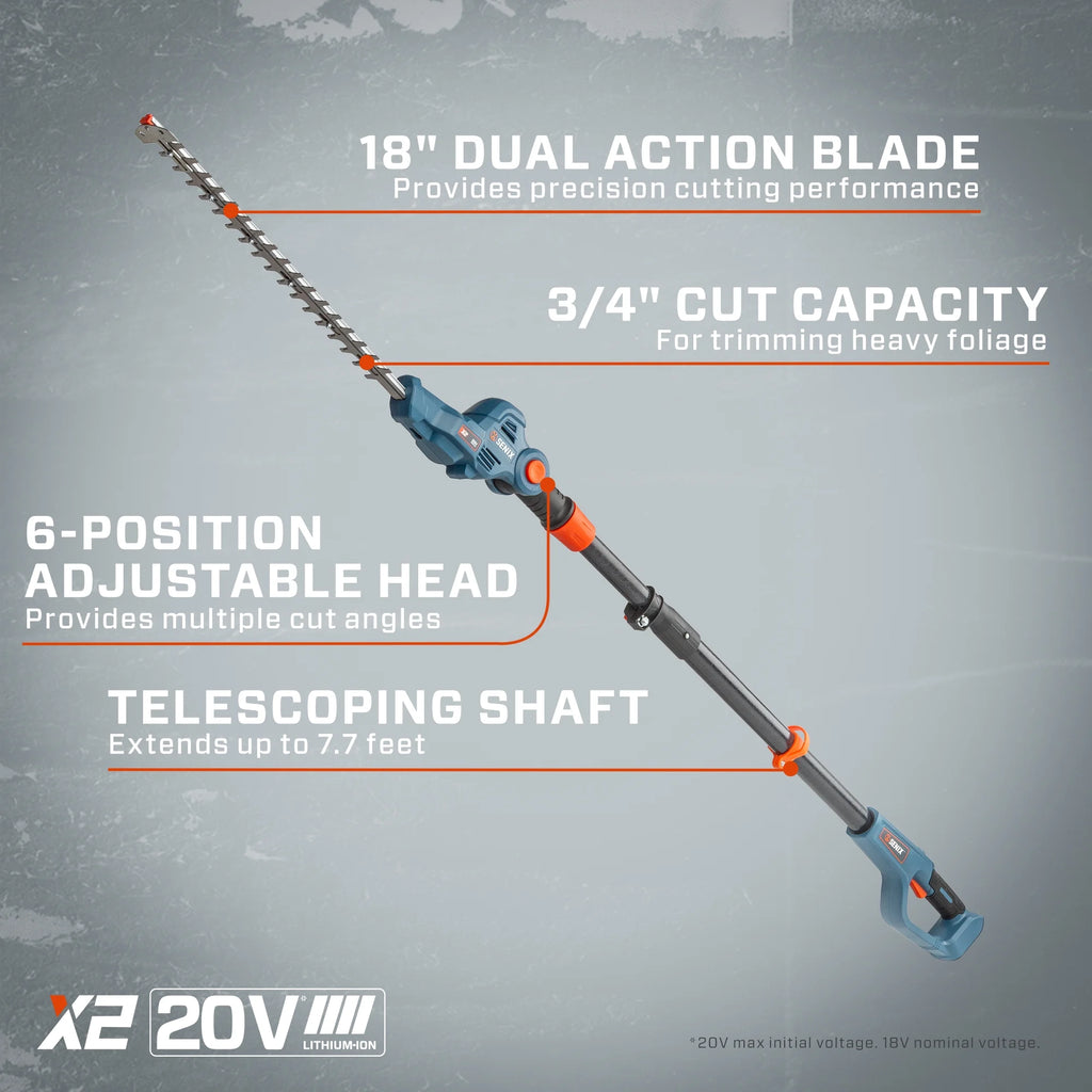 SENIX 20 Volt Max* Cordless Pole Hedge Trimmer 18-Inch Cutting / 21-inch Blade Length with Adjustable Head & Telescoping Shaft, Battery & Charger included, HTPX2-M