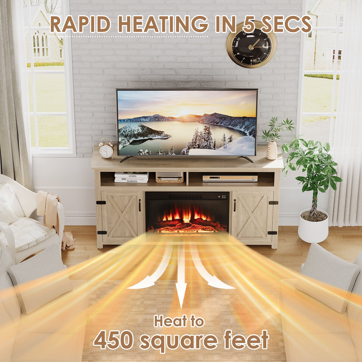 Homall Rustic 65" Television Stand with Electric Fireplace & 2 Shelves, Wood Oaken, 15.1'' W