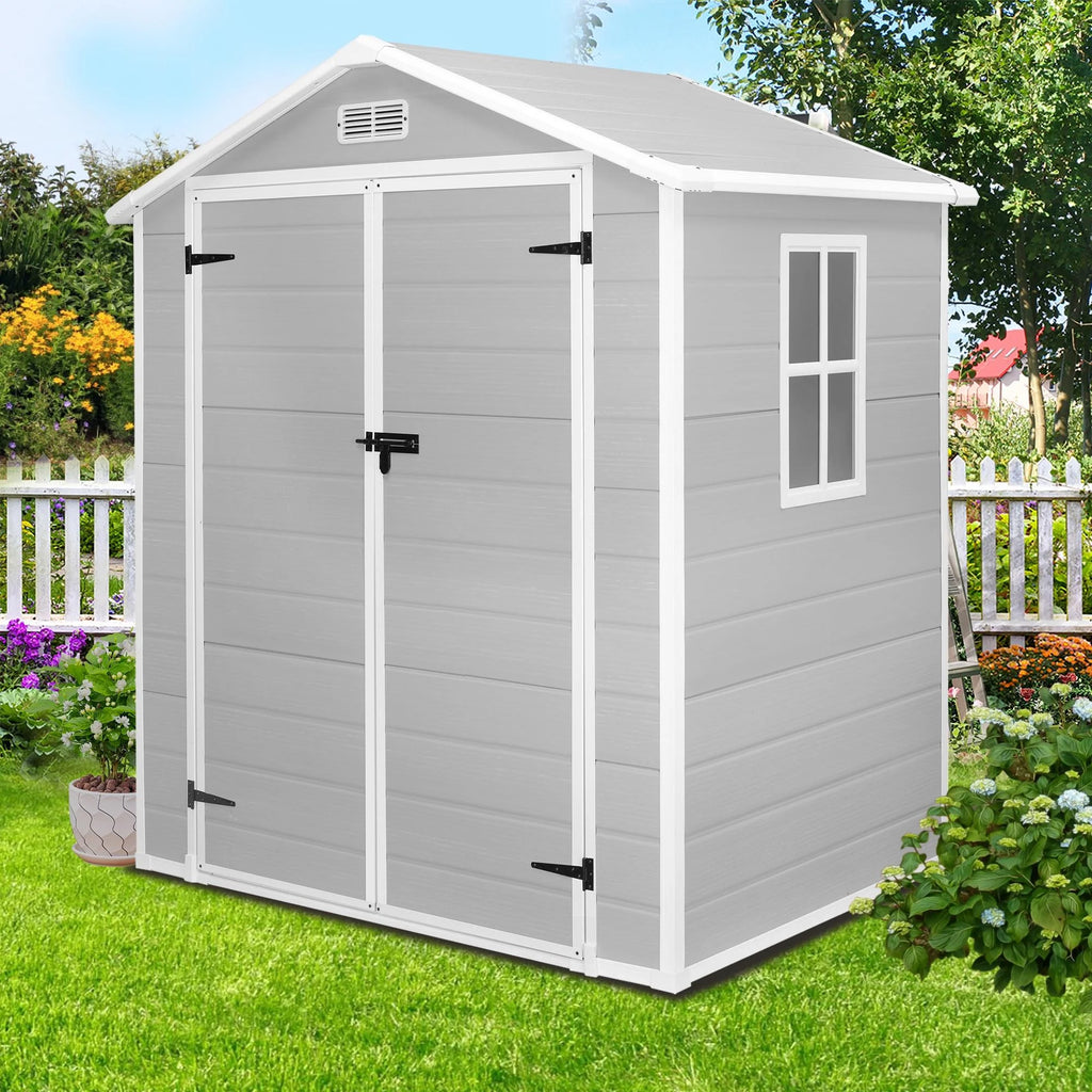 Outdoor Shed & Storage, Seizeen All-Weather Plastic Sheds 82'' H, Sloped Top Garden Shed with Window, Heavy-Duty Resin Outdoor Storage W/Floor, Gray