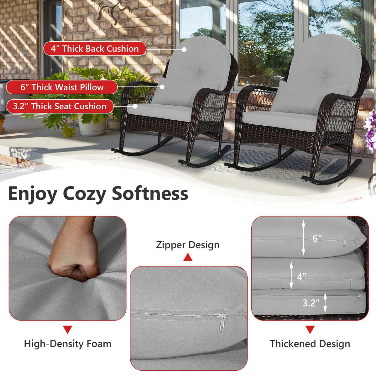 Costway Patio Wicker Rocking Chair W/Seat Back Cushions & Lumbar Pillow Porch Off White