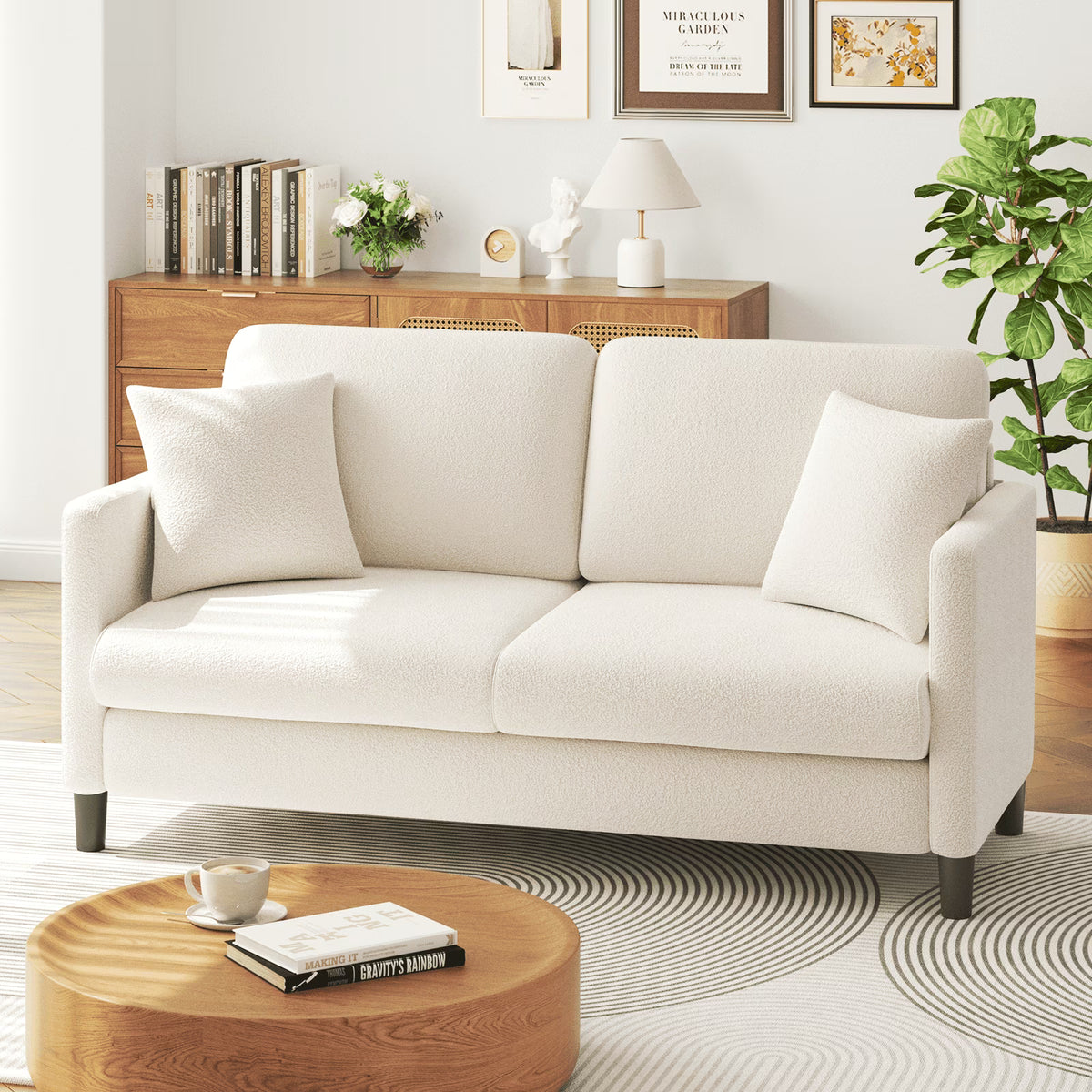 Loveseat Sofa,65" Comfy Teddy Fleece Love Seat Couch,Neche Extra Deep Seats Sofas,Tool-Free Setup Couch with 2 Pillows for Living Room,Coffee Brown