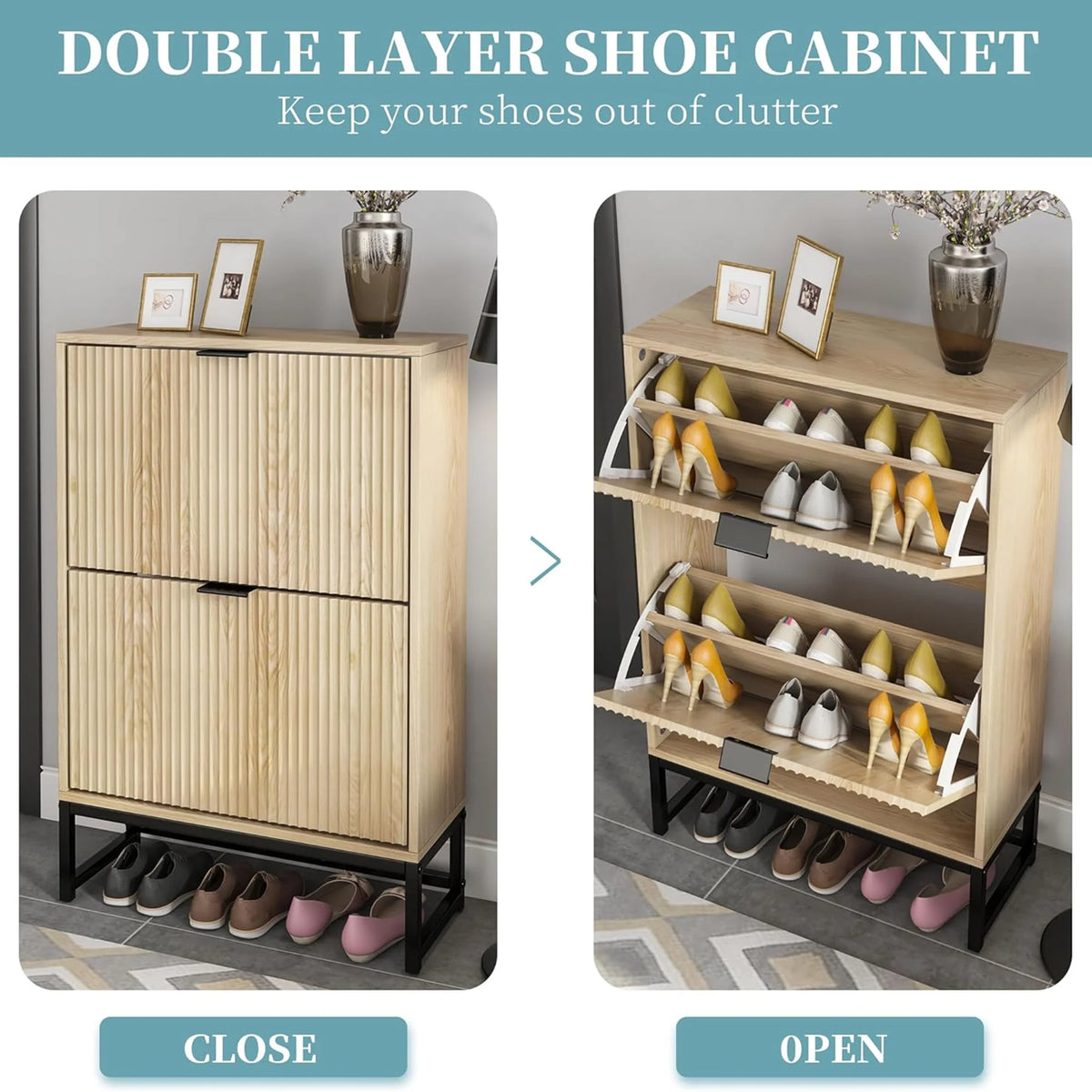 Oubayajia Modern Shoe Storage Cabinet, Wood Shoe Rack Organizer with 2 Flip Drawers, Freestanding Narrow Shoe Cabinet for Entryway Hallway, Natural
