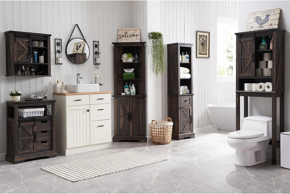 OKD Farmhouse Tall Corner Cabinet with Barn Door & Adjustable Shelves, 68" Rustic Wood Corner Cabinet with Storage Cabinet for Bathroom, Kitchen, Antique White