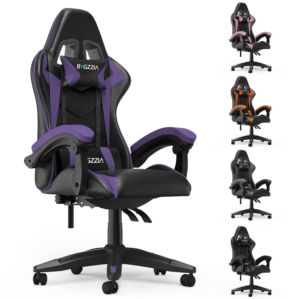 Bigzzia Gaming Chair Office Chair, Ergonomic Game Chair with Height Adjustable Headrest and Lumbar Support for Adults Teens, Black & White
