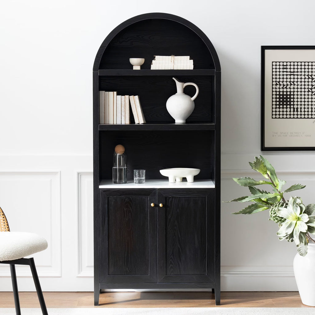 EYYTHUNG 71" Tall Arched Cabinet Modern Farmhouse 5-Tier Arched Bookcase Storage Display Cabinet with Faux Marble Top, Natural Oak