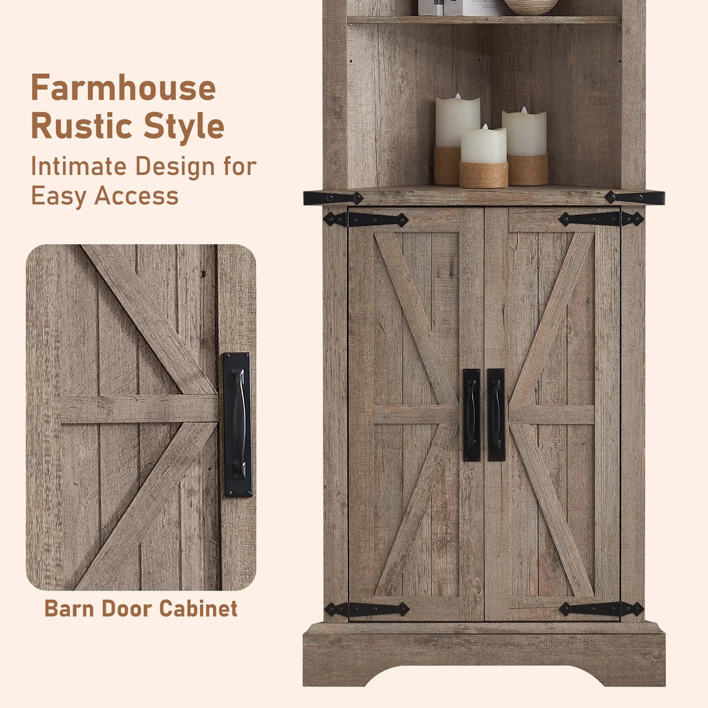 OKD Farmhouse Tall Corner Cabinet with Barn Door & Adjustable Shelves, 68" Rustic Wood Corner Cabinet with Storage Cabinet for Bathroom, Kitchen, Antique White