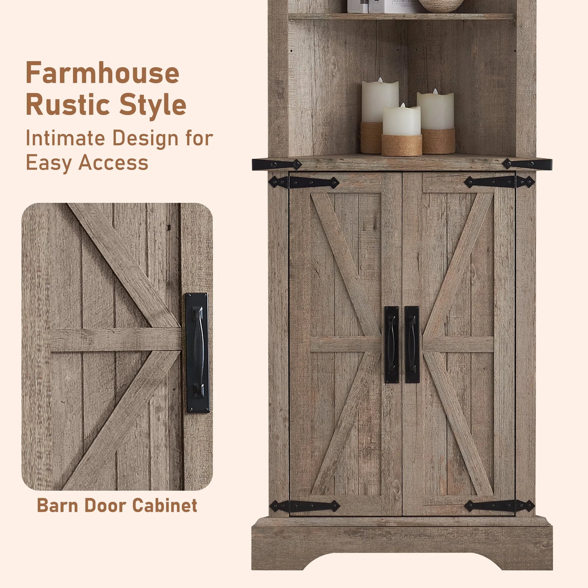 OKD Farmhouse Tall Corner Cabinet with Barn Door & Adjustable Shelves, 68" Rustic Wood Corner Cabinet with Storage Cabinet for Bathroom, Kitchen, Antique White