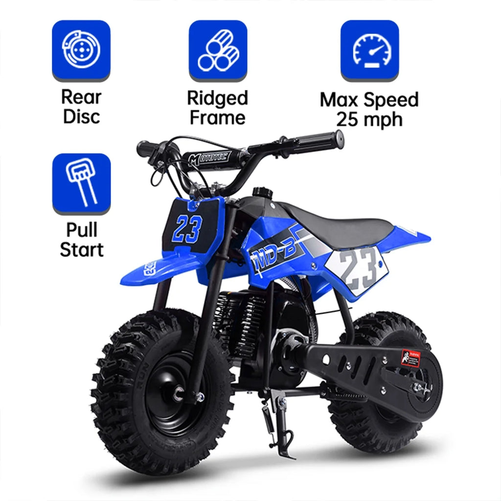 TOXOZERS Dirt Bike for Kids,Gas-Powered Mini Pit Bike with 13 Inch Knobby Tires,25 MPH,Rear Disc Brake,Supports up to 175 lbs,Begin-ner Off Road Motorcycle for Boys Girls,Blue