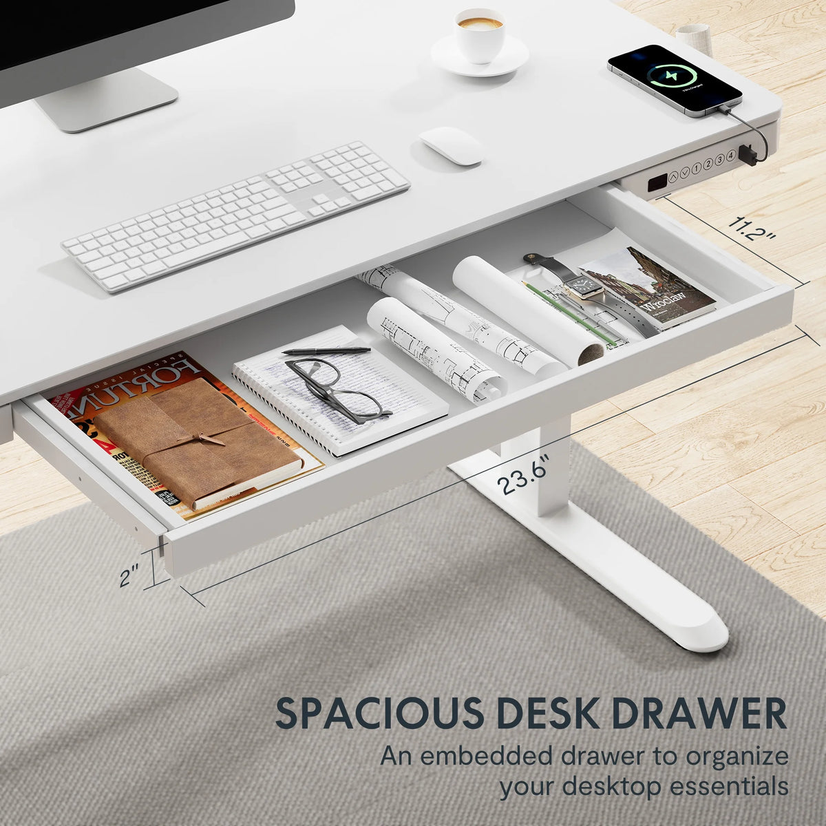 FLEXISPOT 48" W Home Office Height Adjustable Standing Desk White and Maple with USB Charge Ports and Embedded Drawer