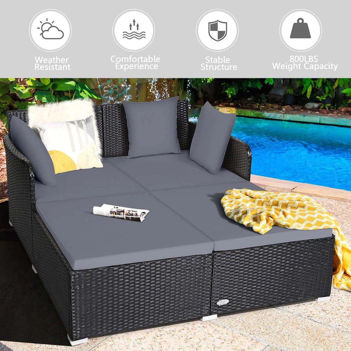 Costway Outdoor Patio Rattan Daybed Pillows Cushioned Sofa Furniture Beige