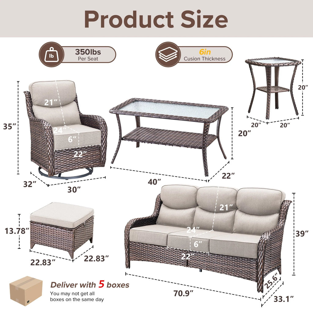 Bellefurn Luxury Outdoor Patio Furniture Set,Swivel Rocker Patio Chairs with 6-inch Thick Cushion,Patio Sofa and Glass Coffee Table,Outdoor Conversation Set for Porch, Deck, Yard