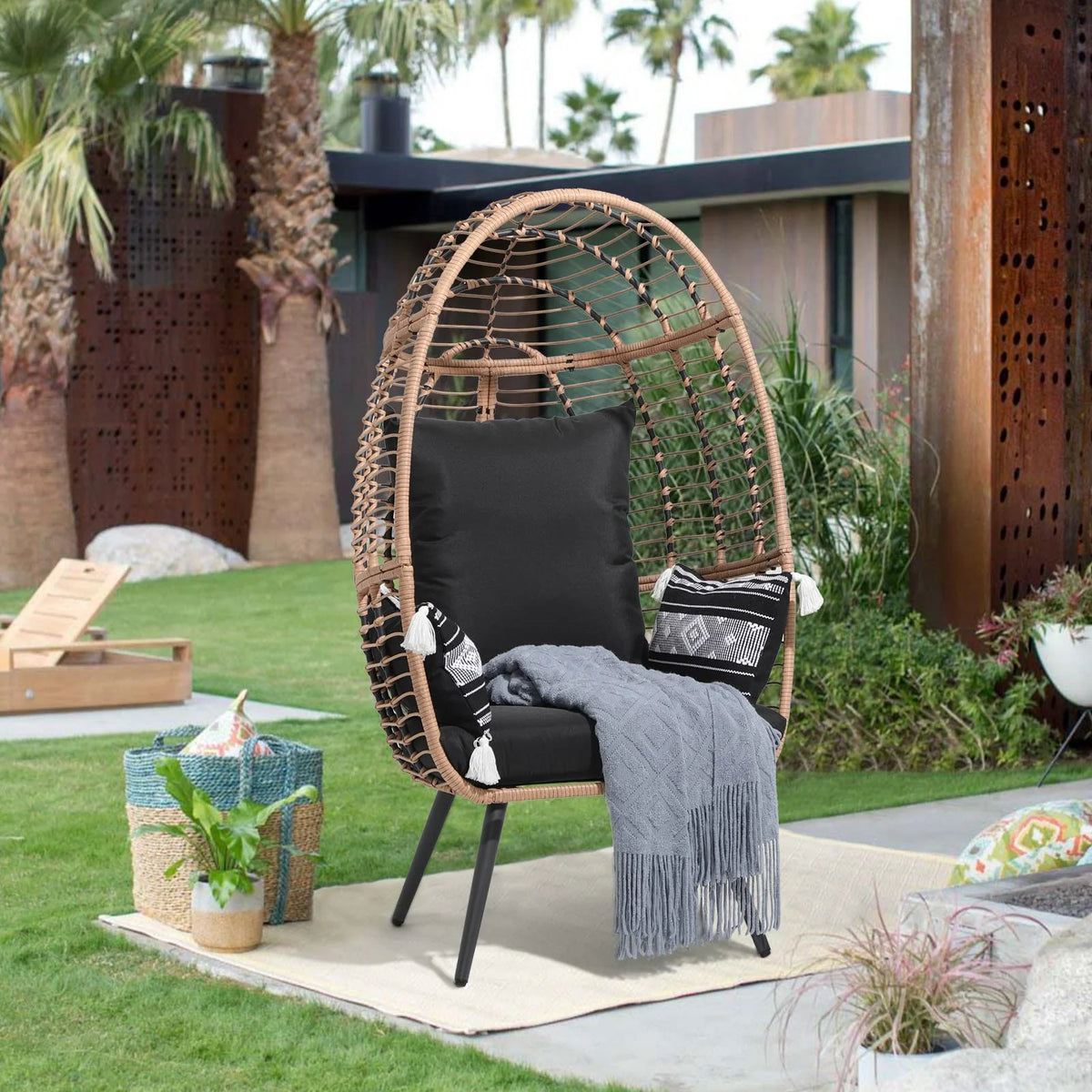 Indoor Outdoor Swing Egg Chair with Stand, Patio Foldable Grey Wicker Rattan Hanging Chair with Cushion, Light Gray