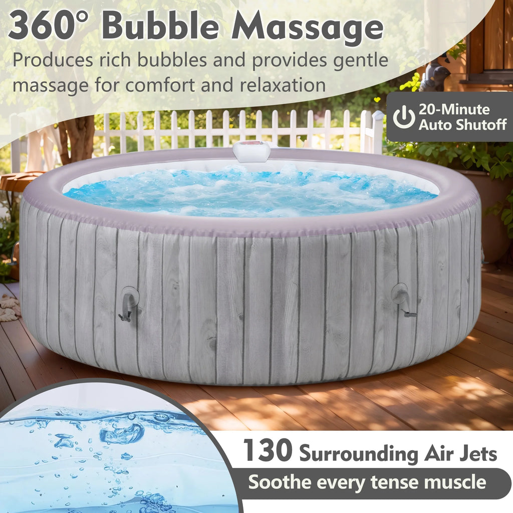 Round Hot Tub Surround Furniture, Spa Surround Outdoor Rattan Sectional Sofa Set with Mini Sofa, Solid Acacia Wood Hot Tub Storage Surround Patio Furniture Set, Gray Cushion