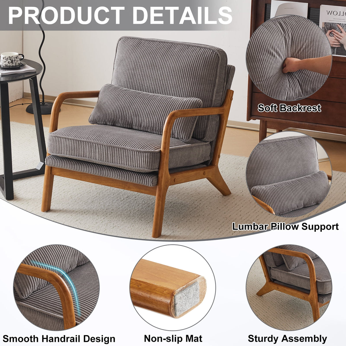 Ktaxon Accent Chair Corduroy Upholstered Armchair, Reading Club Chair with Pillow and Solid Wood Frame for Living Room Bedroom Furniture Off White