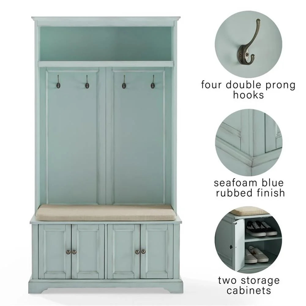 Bowery Hill Traditional Wood Hall Tree in Seafoam Blue/Oatmeal