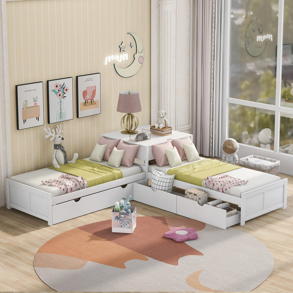 Euroco Wood Twin Size L-Shaped Platform Bed with Square Storage Table for Kids Teens, 2 Platform Beds with Trundle and Drawers for Living Room, 3 Twin Beds, Gray