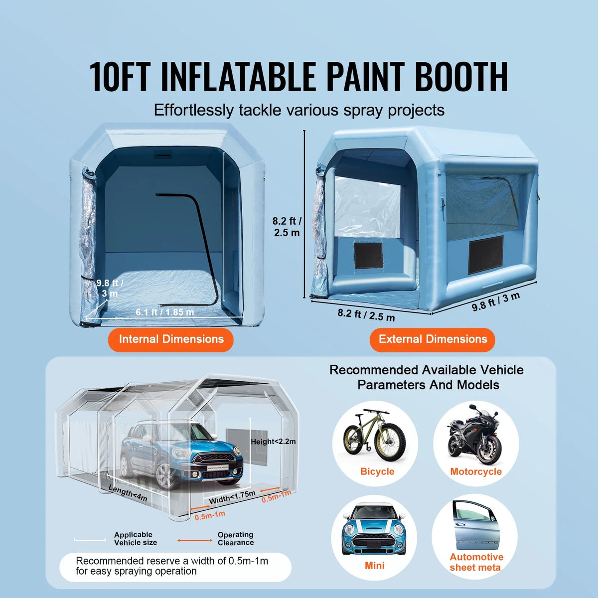 KFFKFF Portable Spray Shelter, 9.8 x 8.2 x 8.2 ft, Includes 550W Blower & Filtration System, Ideal for Motorcycles, Bikes, & Small Furniture