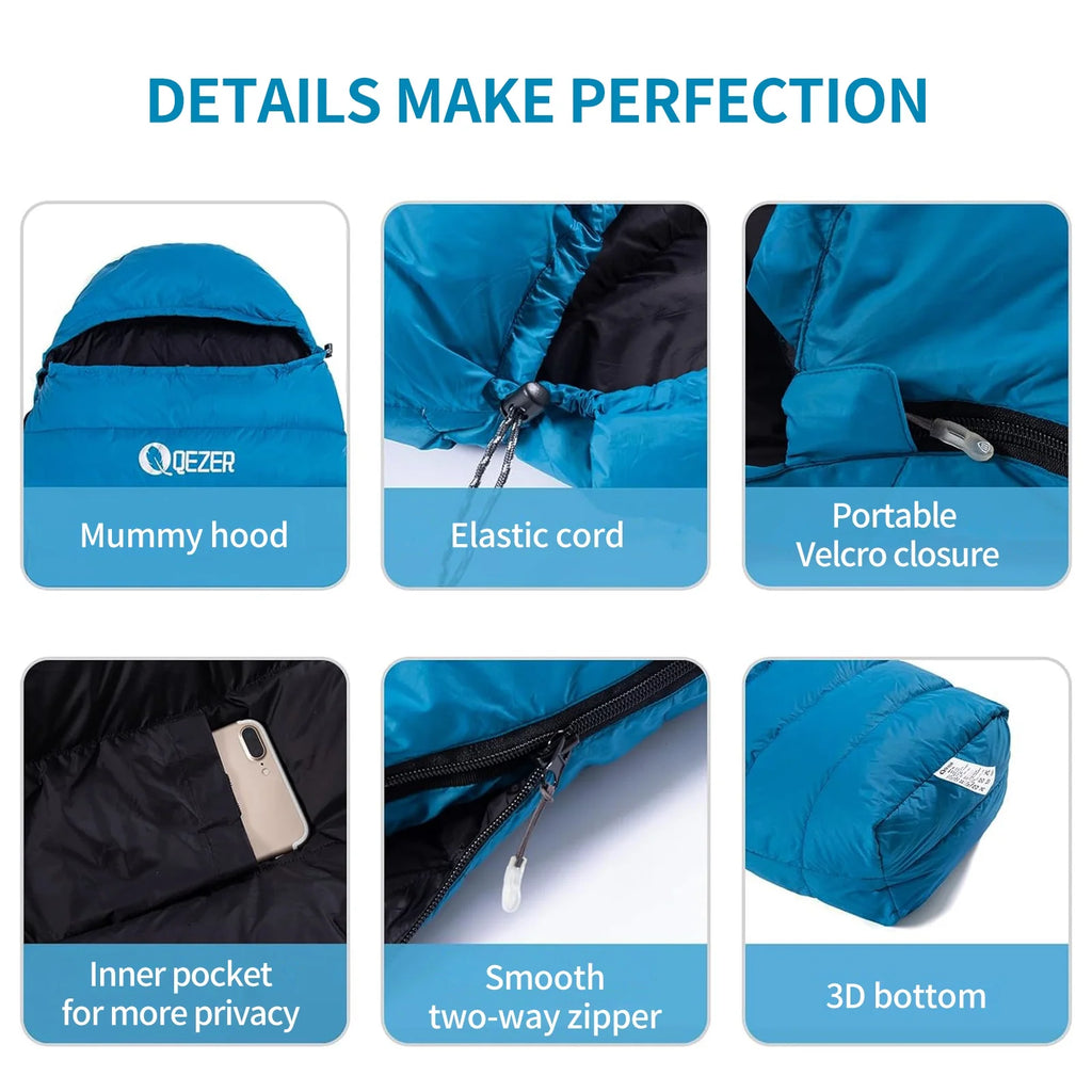 QEZER Ultralight Down Sleeping Bag for Adults, 650FP, 860g, 3-Season Compact for Backpacking & Camping, 36��F-46��F