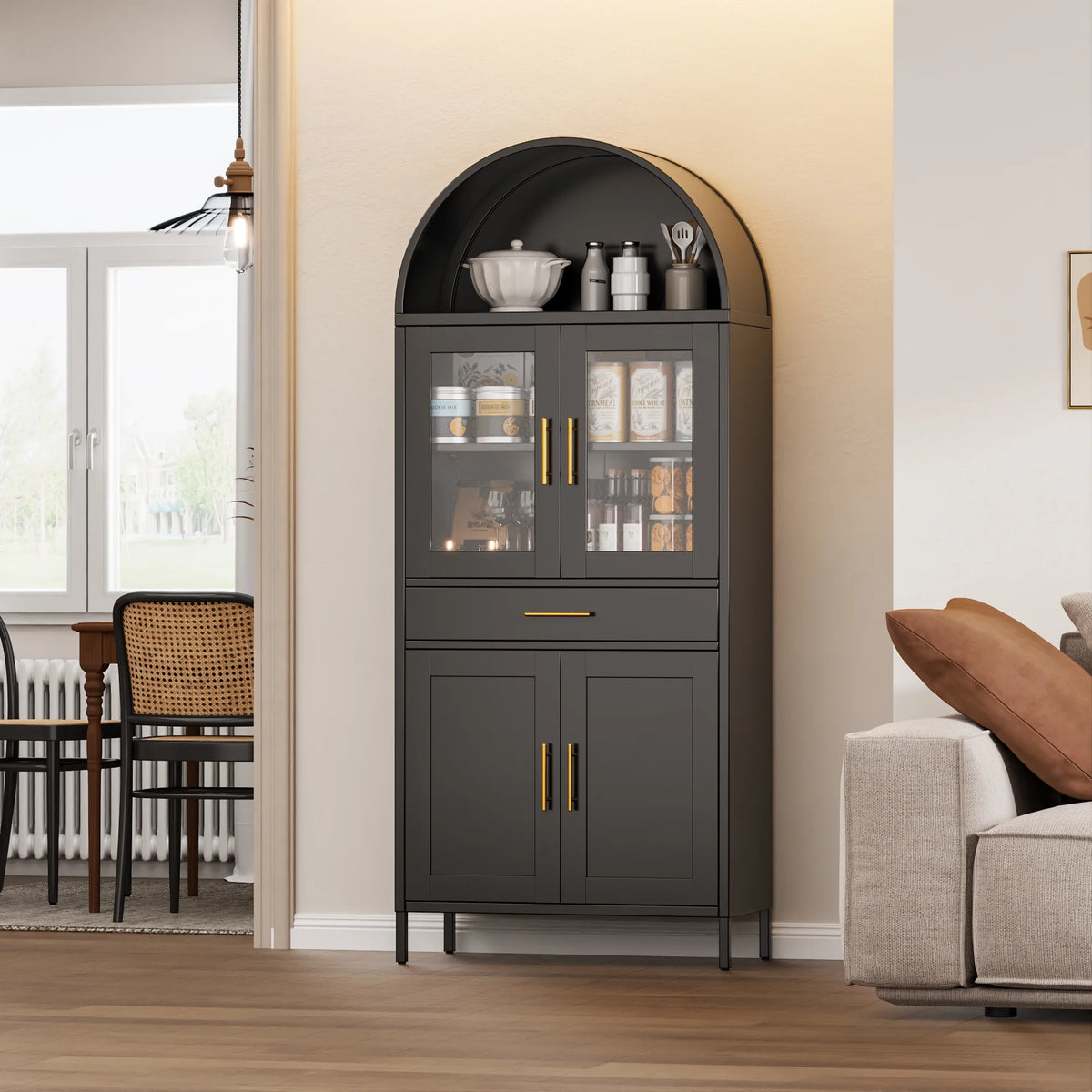 SUPEER Metal Arched Storage Display Cabinet with Glass Doors and Adjustable Shelves, Lockable Cabinet, Assembly Required, Black