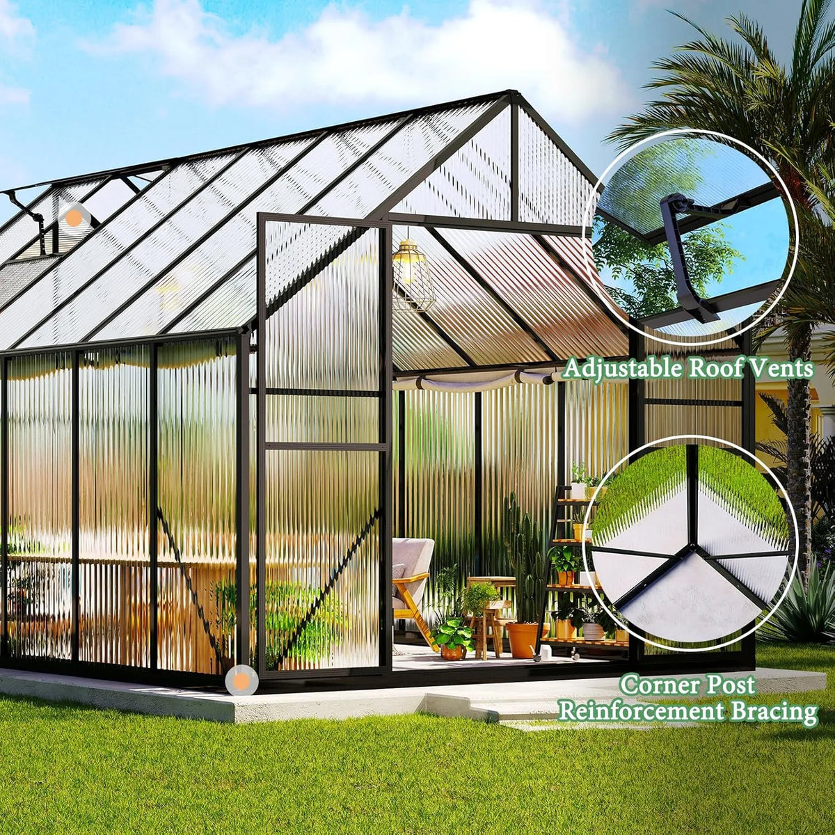 Jocisland 8x8x7 FT Polycarbonate Walk-In Greenhouse with Aluminum Frame, 2 Top-Opening Windows & 2 Swing Doors, Heavy Duty for Outdoor Garden Use, Black