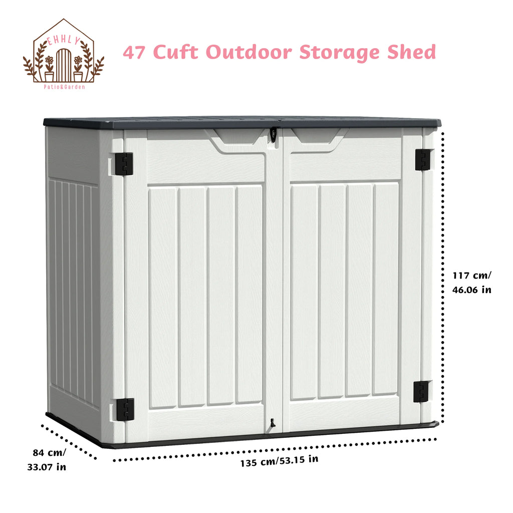 EHHLY Horizontal Resin Storage Shed, 47 Cuft Garden Tool Sheds & Outdoor Storage, Outdoor Plastic Storage Cabinet Waterproof, 4.5 x 2.8 ft Backyard Outside Lawn Mower Storage Shed, Vanilla