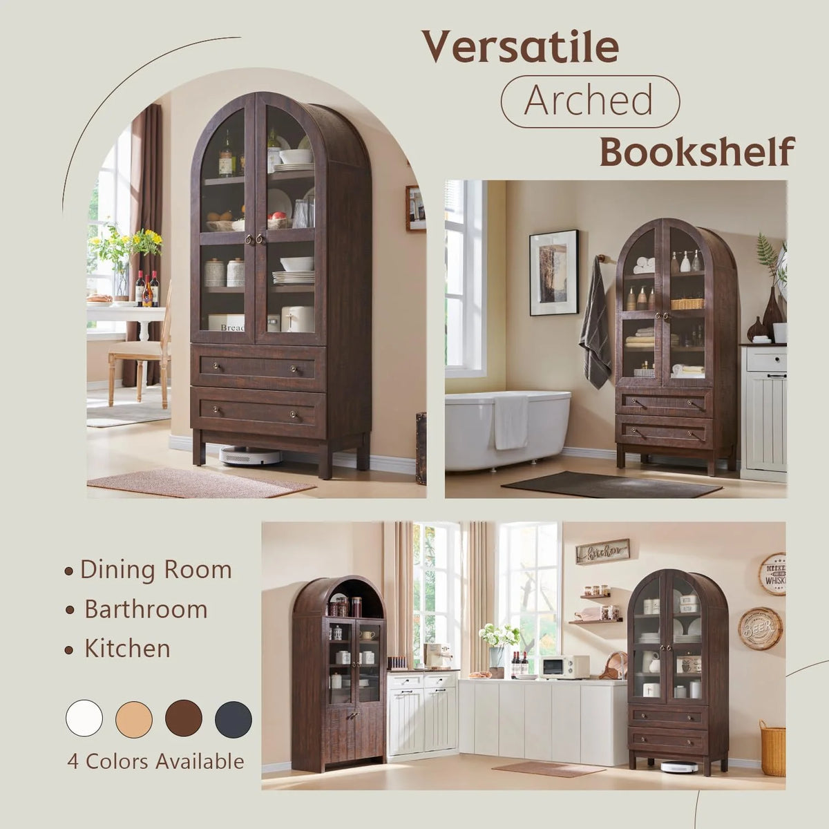 IFGET 71-Inch Arched 4-Tier Bookcase with Glass Doors and Drawers
