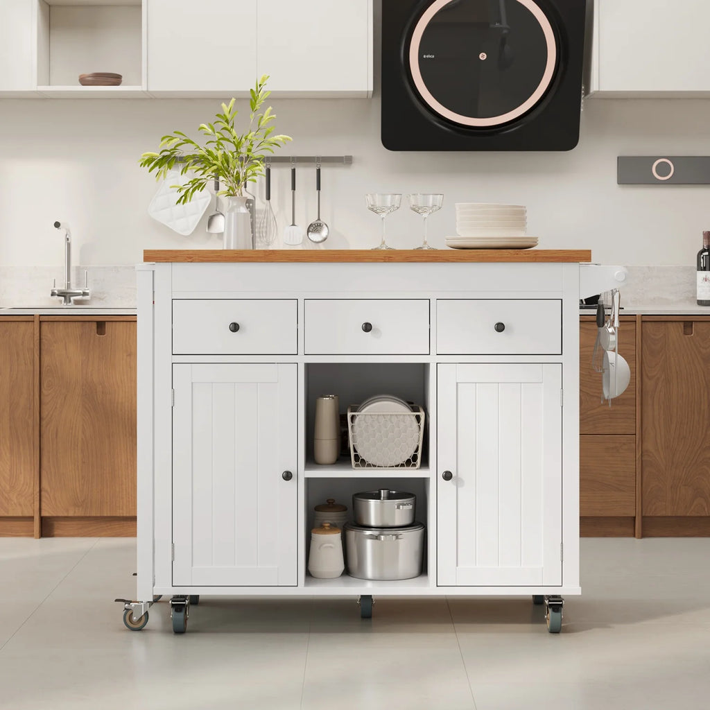 Noelse Rolling Kitchen Island with Drop Leaf Table and Hidden Trash Cabinet, Mobile Kitchen Cart with Storage Drawer, Adjustable Shelves & Rubberwood Countertop on Wheels, White
