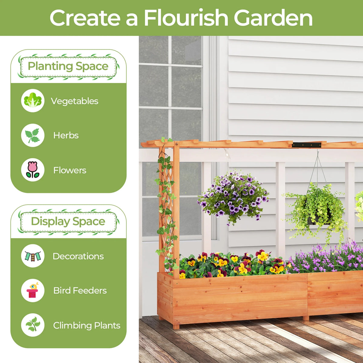 Costway 1 PCS Raised Garden Bed with Trellis Hanging Roof Planter Box Drainage Holes for Patio