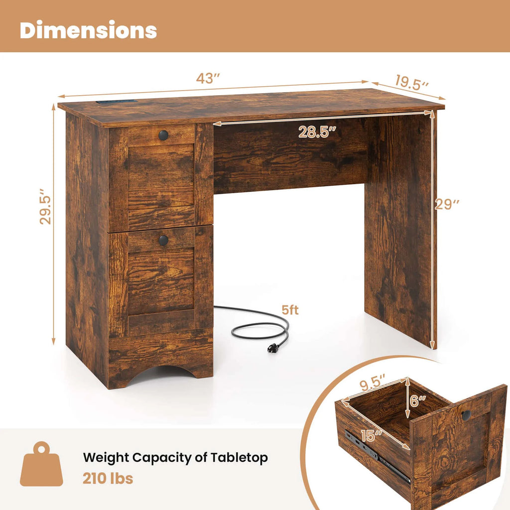 Costway 43" Home Office Desk with Charging Station Compact Study Writing Desk Walnut