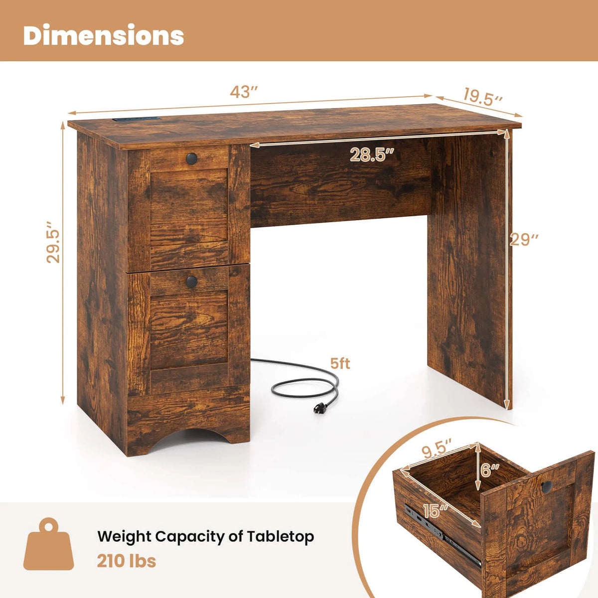 Costway 43" Home Office Desk with Charging Station Compact Study Writing Desk Walnut