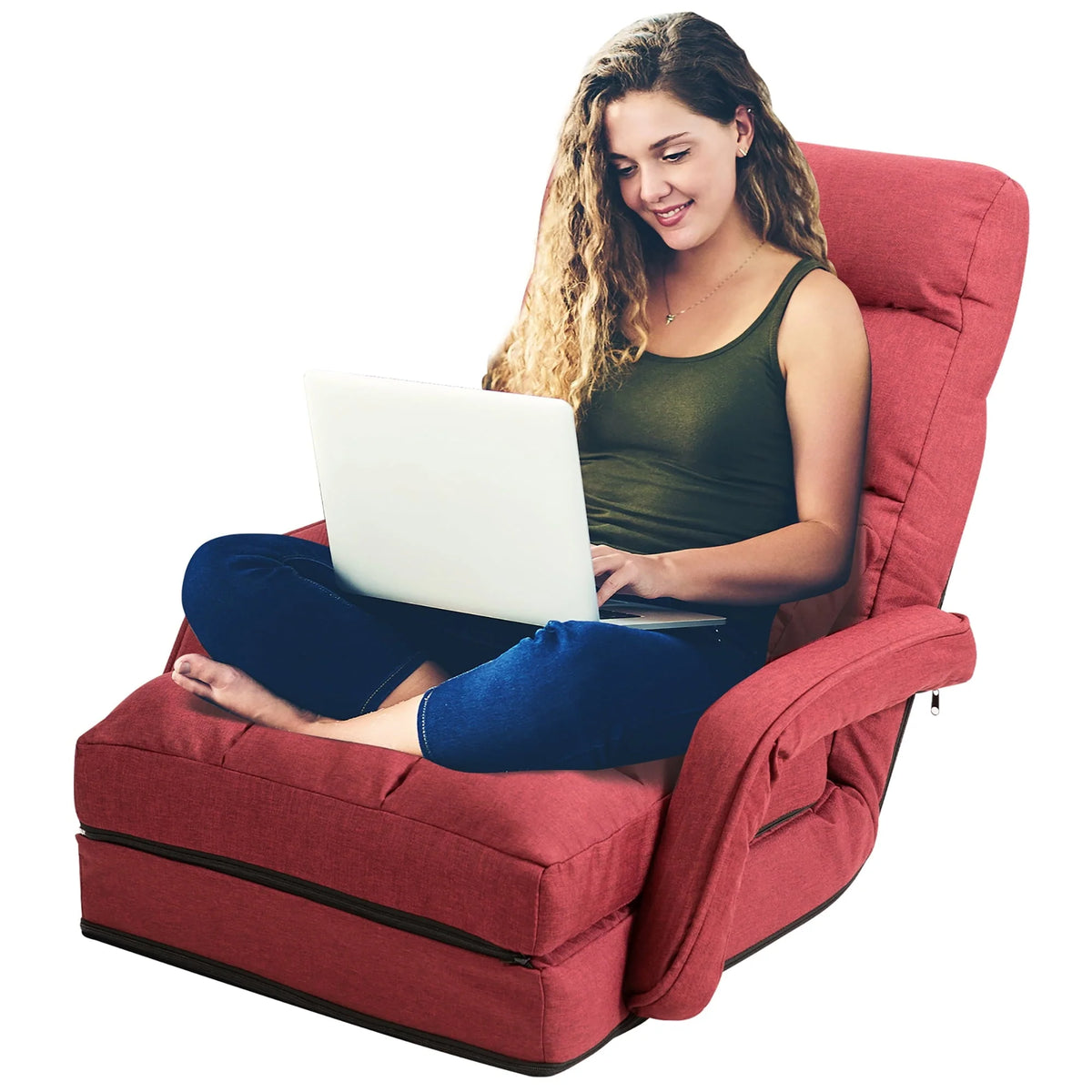 Costway Folding Floor Armchair w/ 6-position Adjustable Back & Lumbar Pillow Red
