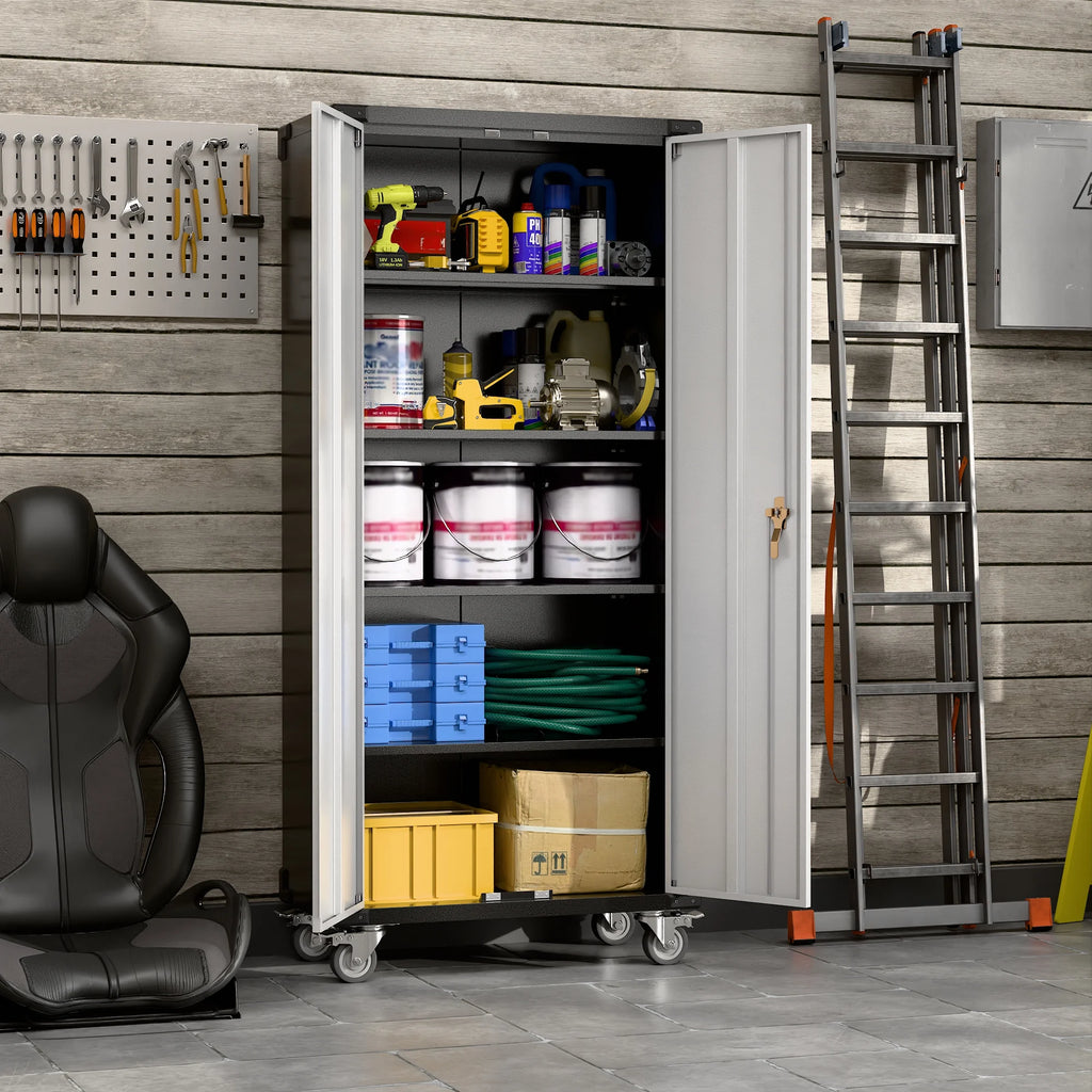 SUPEER 71" Metal Storage Cabinets with Wheels and Pegboards, Industrial Cabinet with 2 Drawers and 2 Adjustable Shelves,, Assembly Required