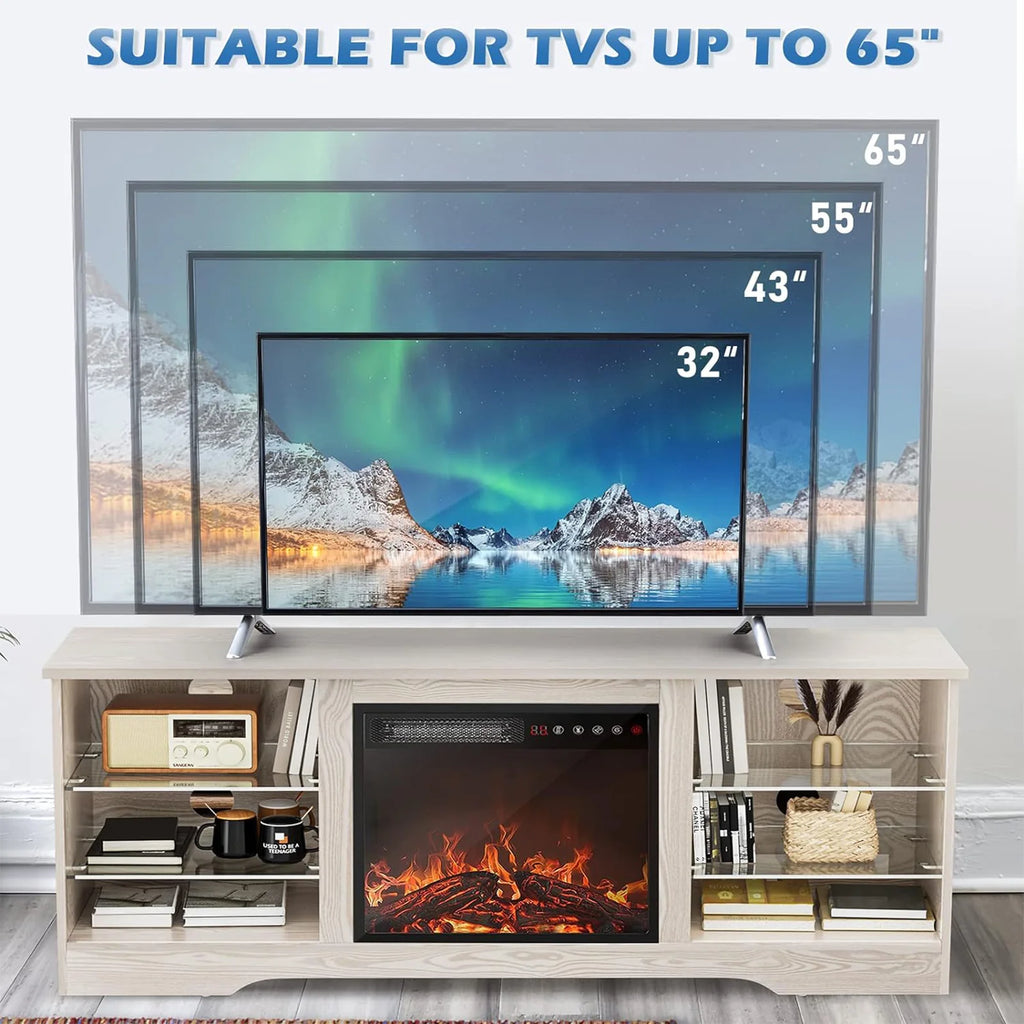 Waleaf Fireplace TV Stand with 18'' Fireplace for TVs up to 65 inch, Two Adjustable Glass Shelves