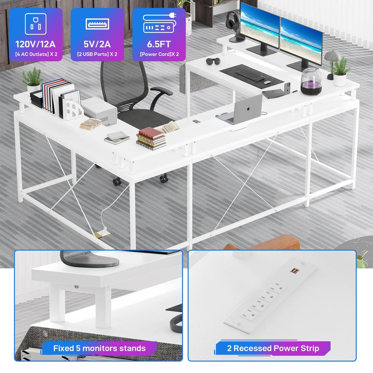 Yesfashion U Shaped Computer Gaming Desk, Reversible L Shaped Desk with Power Outlets, LED Strip & Monitor Stand, Large Corner Desk with Storage Shelves