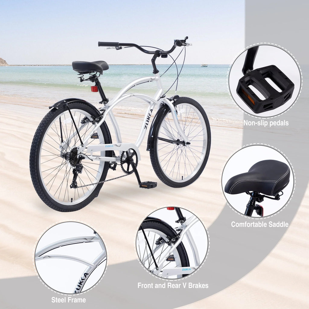 7 Speed Cruiser Bike for Men Women, 26 inch Adult Cruiser Bike, Silver