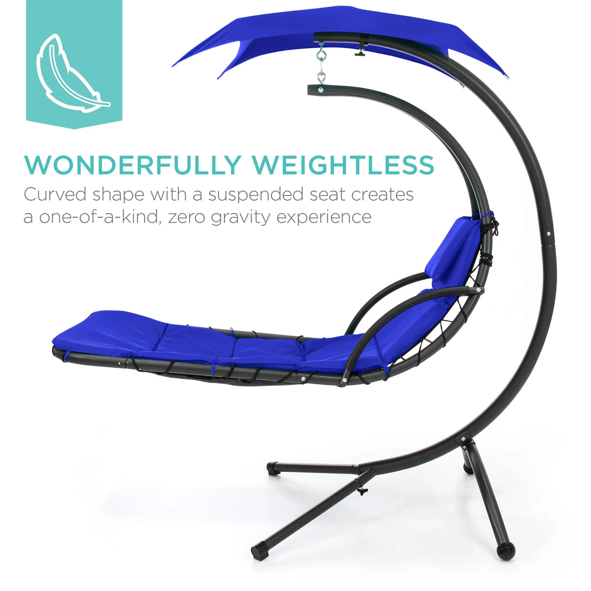 Best Choice Products Hanging Curved Chaise Lounge Chair Swing for Backyard, Patio w/ Pillow, Shade, Stand - Teal