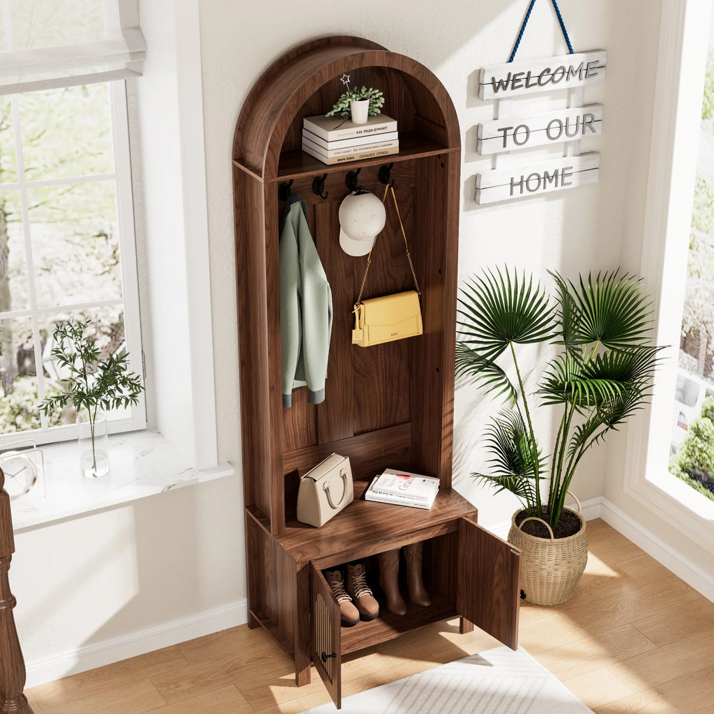 LUCKYELF Hall Tree with Shoe Storage, Entryway Bench with 4 Hooks and 2 Doors, Arch Coat Rack Cabinet for Hallway