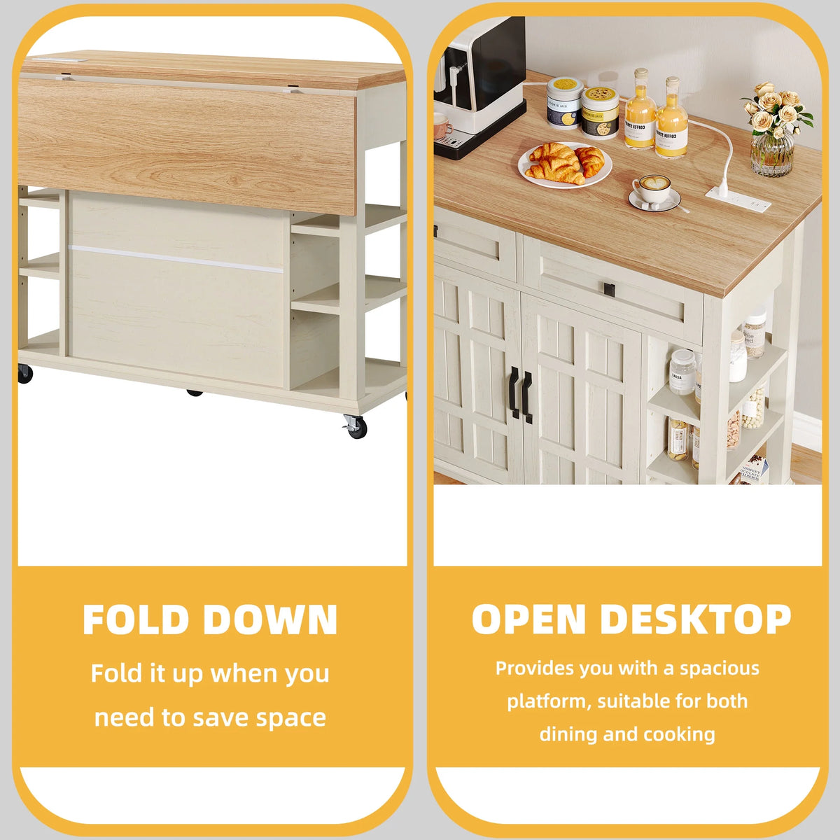 DWVO Kitchen Storage Cart with Power Outlets, Rolling Kitchen Island with Storage Shelves and Drawers, Blue Gray