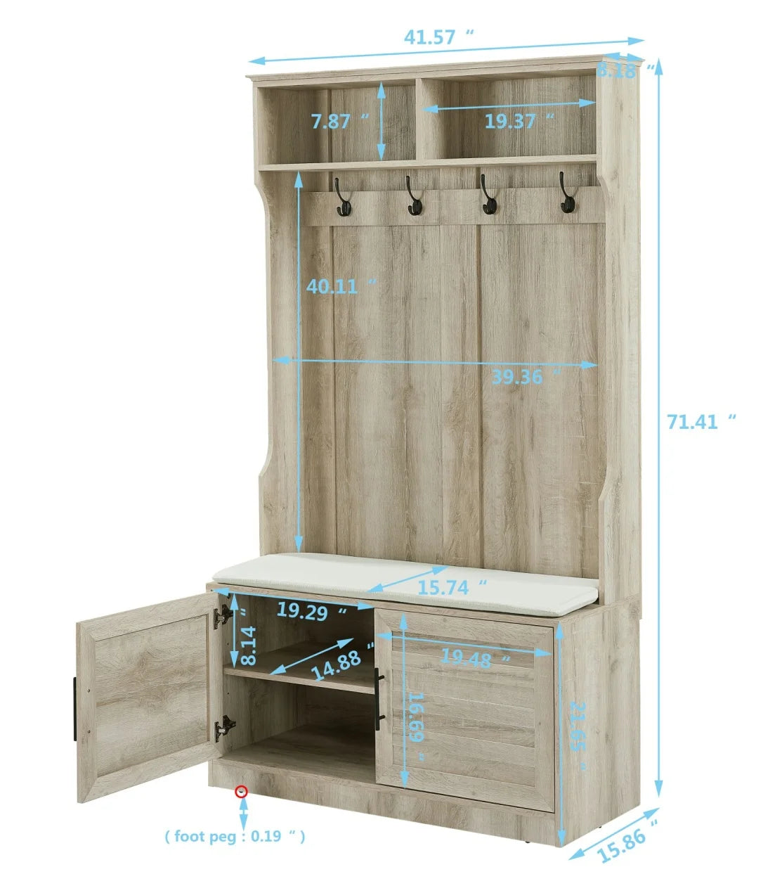 Entryway Hall Tree with Storage Bench, Wooden Coat Rack with Sponge Pad and 4 Dual Hooks, Storage Shelf Organizer with 2-Door Cabinet for Entryway, Bedroom, Easy to Assemble