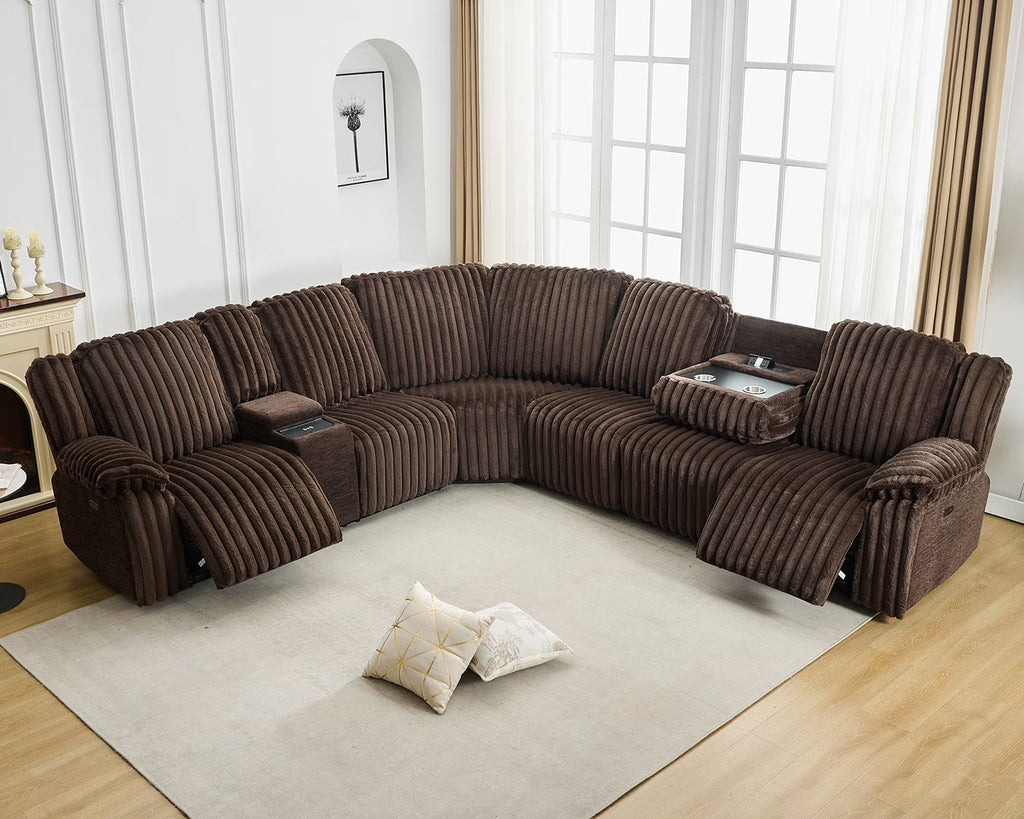 Power Reclining Sectional Sofa with Wireless Charger,6-Seater Faux Fur Sectional with Recliners,Hidden Cup Holders,Storage Console,USB & Type-C Ports,Black
