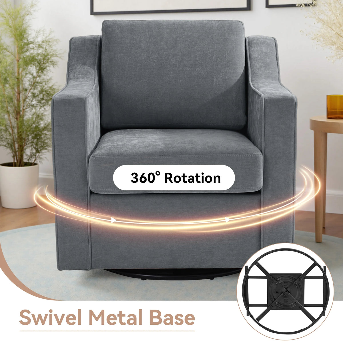 Swivel Accent Chair for Living Room, Modern Upholstered Barrel Arm Chair with Plump Back Pillow, Comfy Club Sofa Reading Chair for Adults (Chenille Navy, Set of 1)