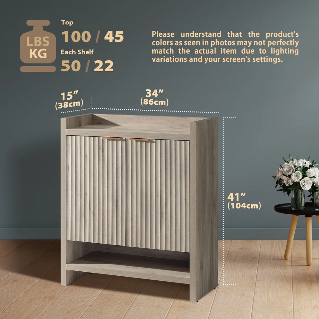 ARKANTOS Fluted Shoe Cabinet 3 Level Adjustable Shelf and 2 Doors Light Gray Oak